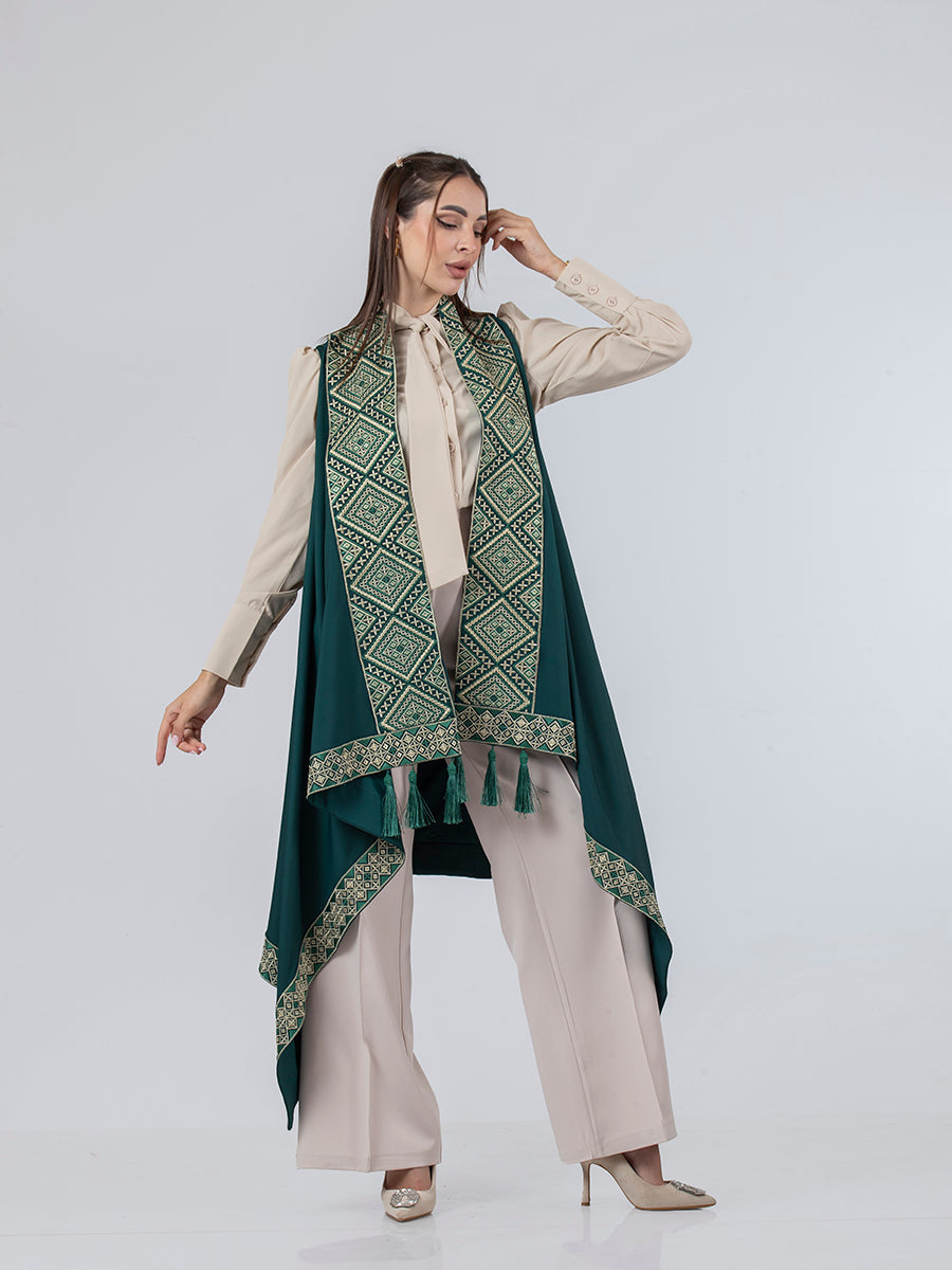 Embroidered Vest in Olive, White & Beige