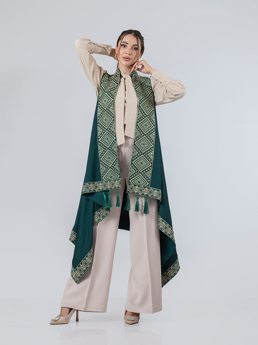 Embroidered Vest in Olive, White & Beige