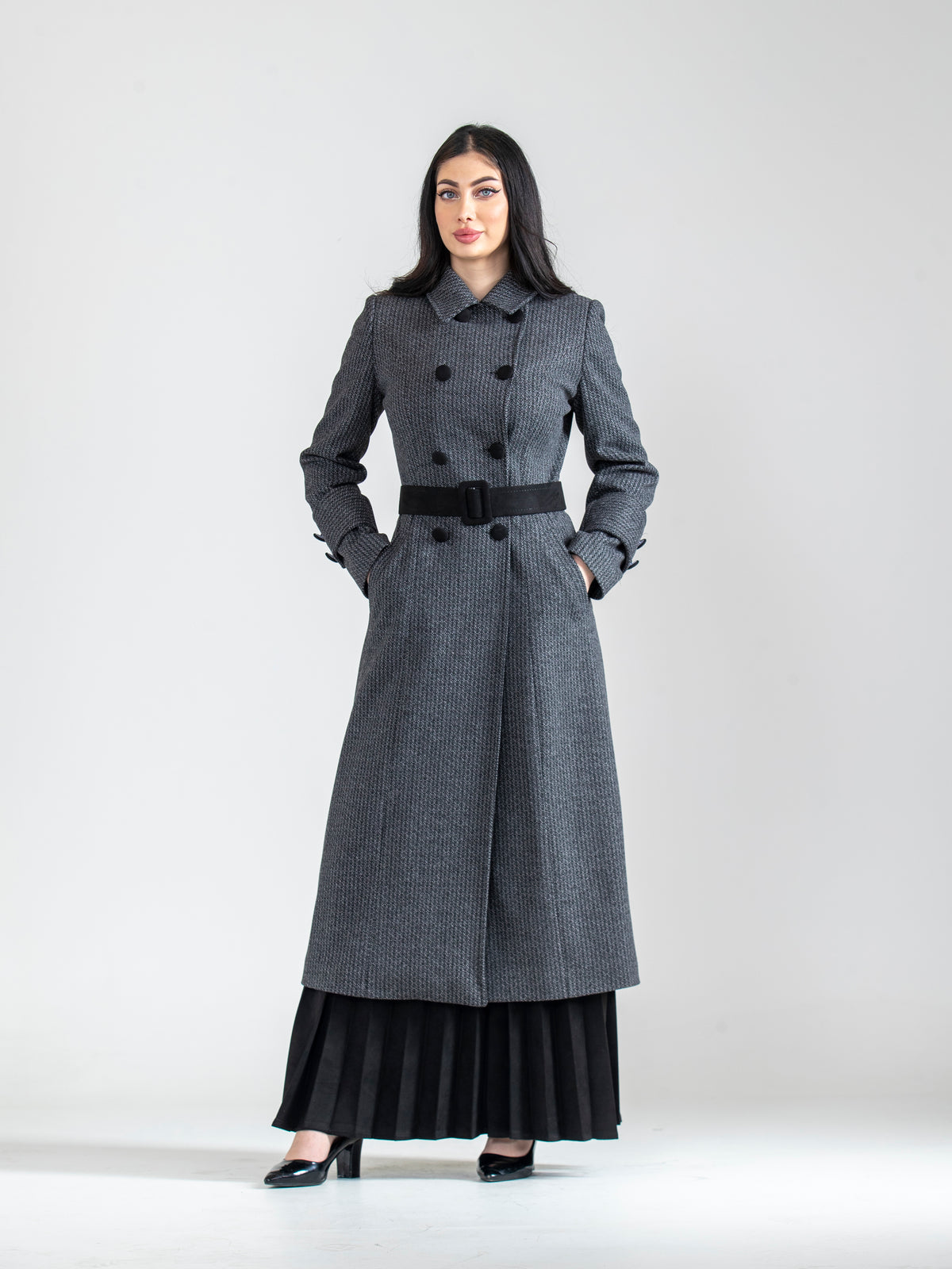 Suede Pleated Skirt Set with Long Jacket