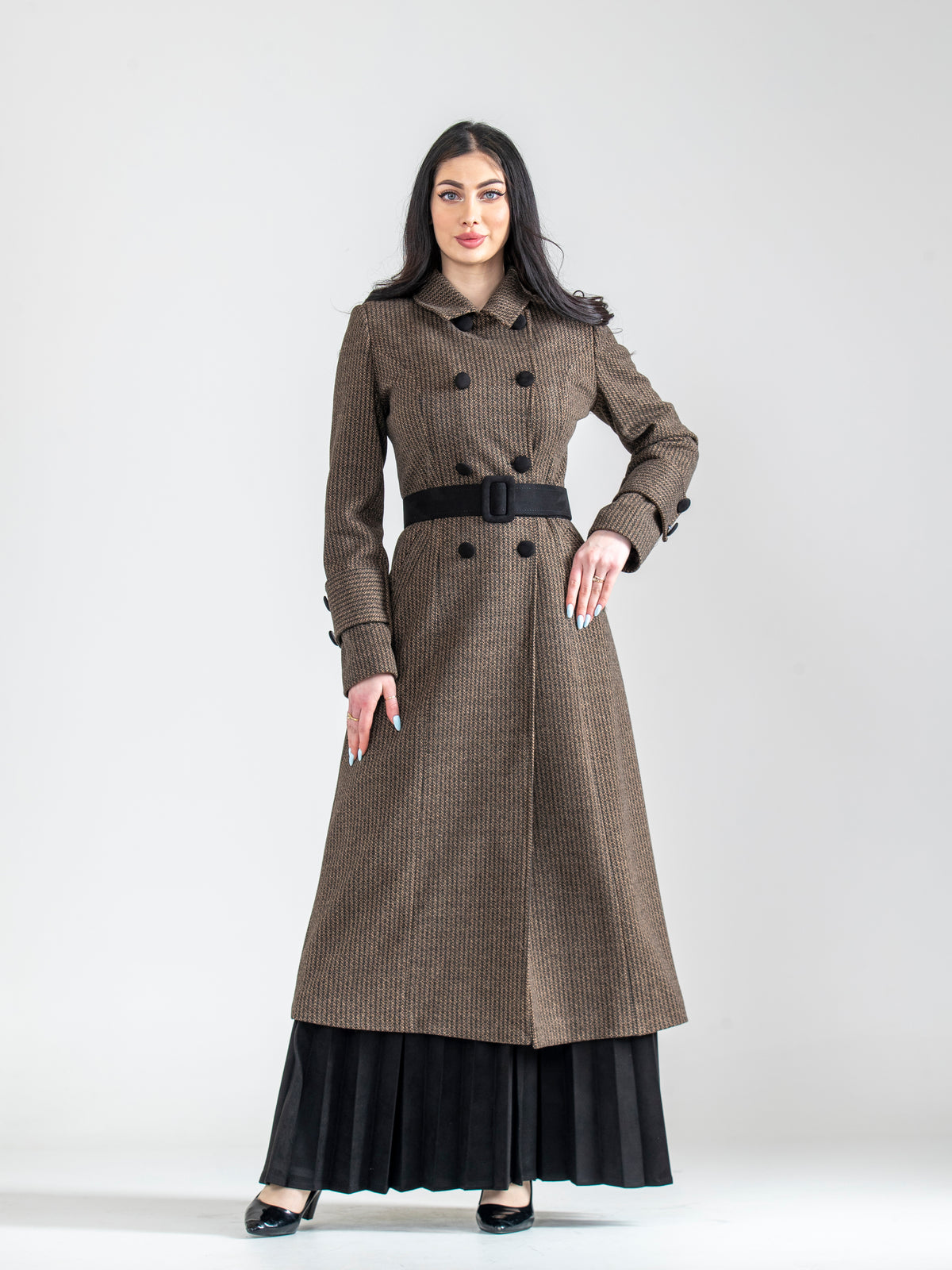 Suede Pleated Skirt Set with Long Jacket