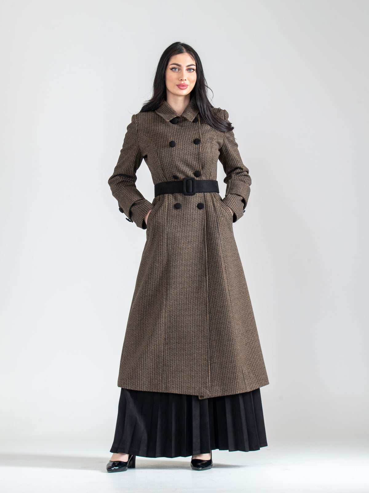 Suede Pleated Skirt Set with Long Jacket