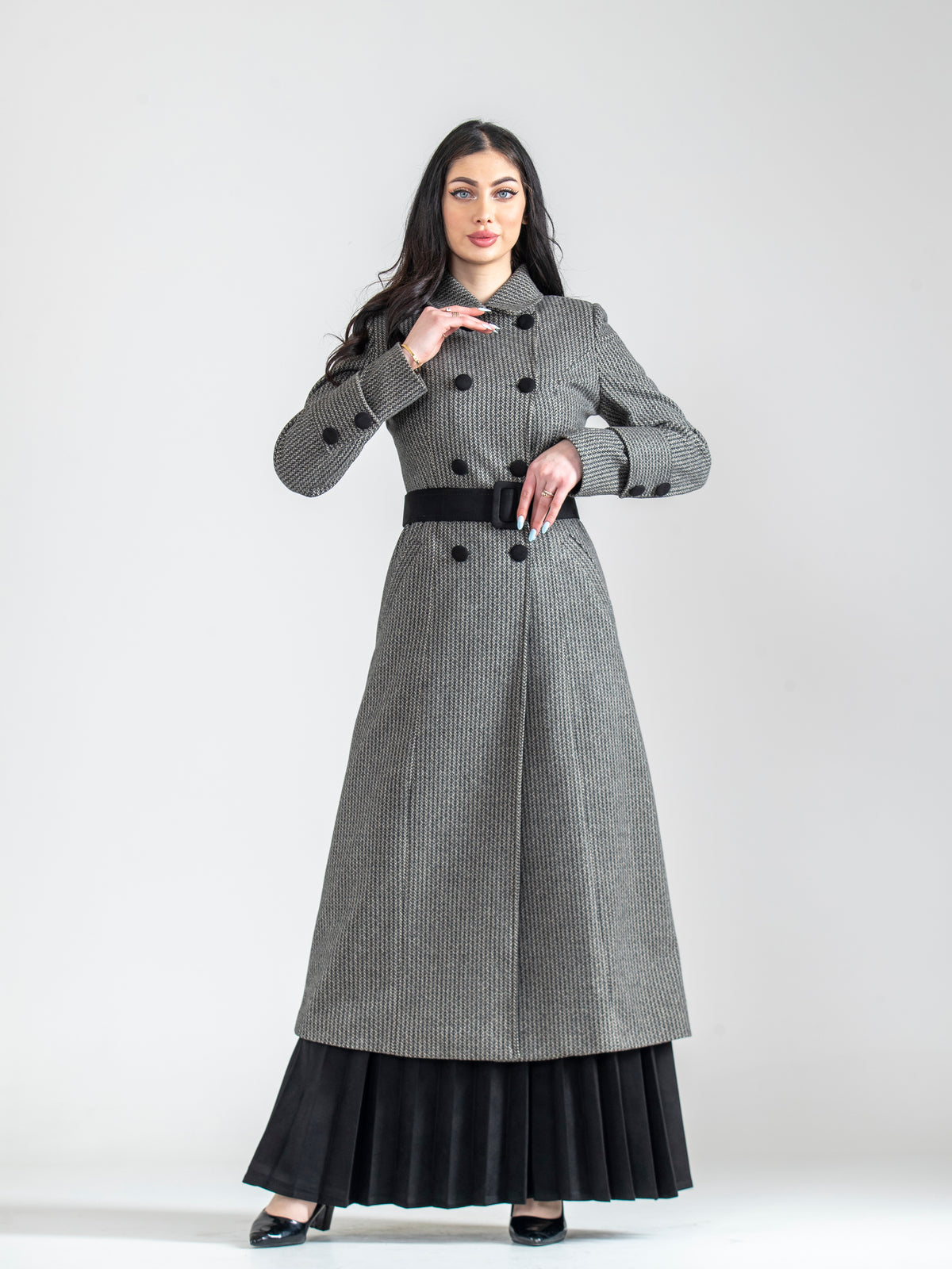 Suede Pleated Skirt Set with Long Jacket