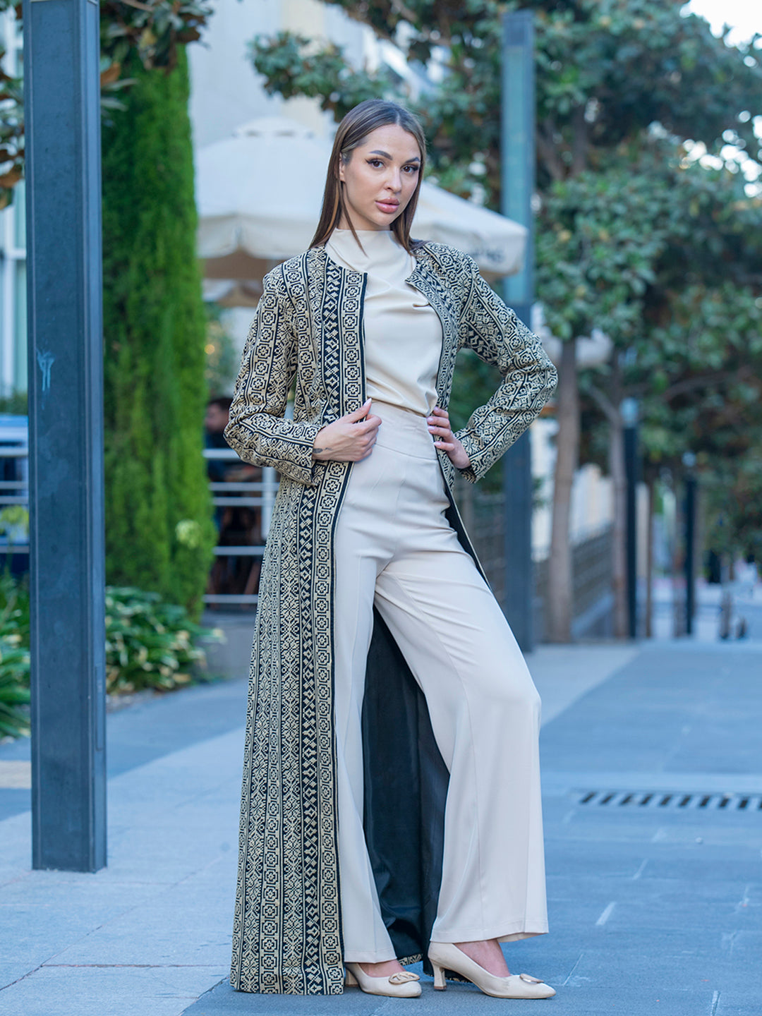 Long Embroidered Jacket in Beige or Wine