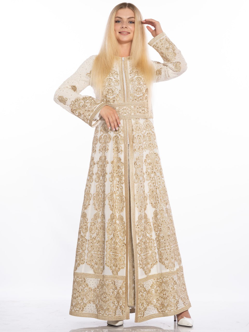 Cream Embroidered Kaftan with Front Zipper