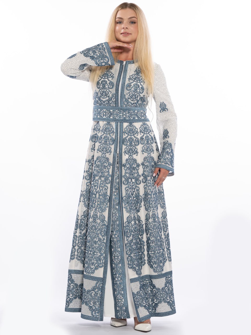 Cream Embroidered Kaftan with Front Zipper