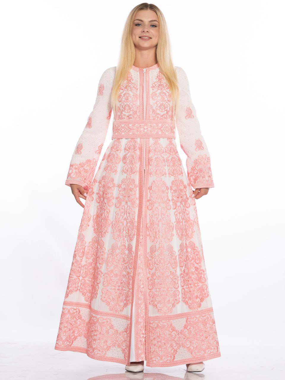 Cream Embroidered Kaftan with Front Zipper