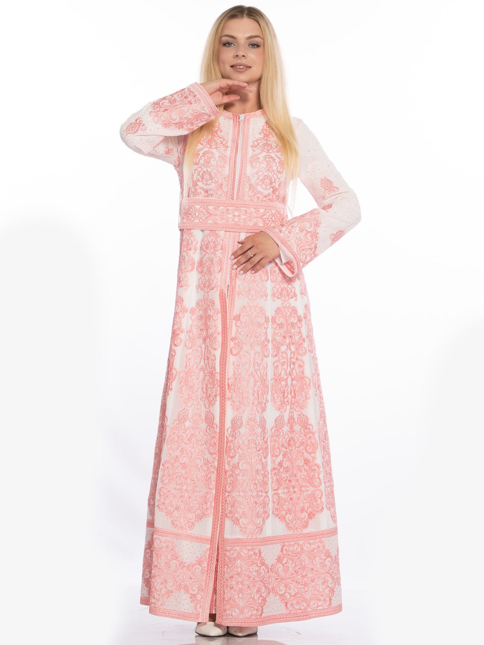 Cream Embroidered Kaftan with Front Zipper