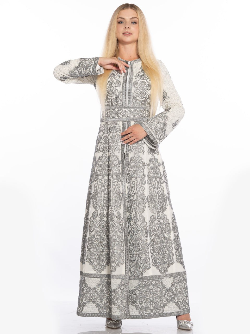 Cream Embroidered Kaftan with Front Zipper