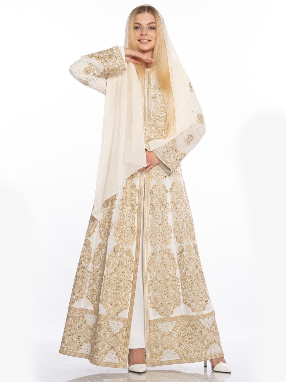 Cream Embroidered Kaftan with Front Zipper - She Chocolate