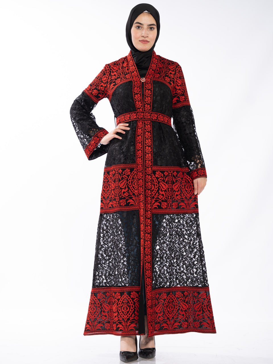 Warda Embroidered Bisht with Red Accents - She Chocolate